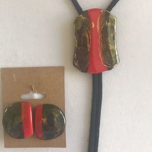 Vintage Handcrafted Ceramic Bolo Tie and Earrings
